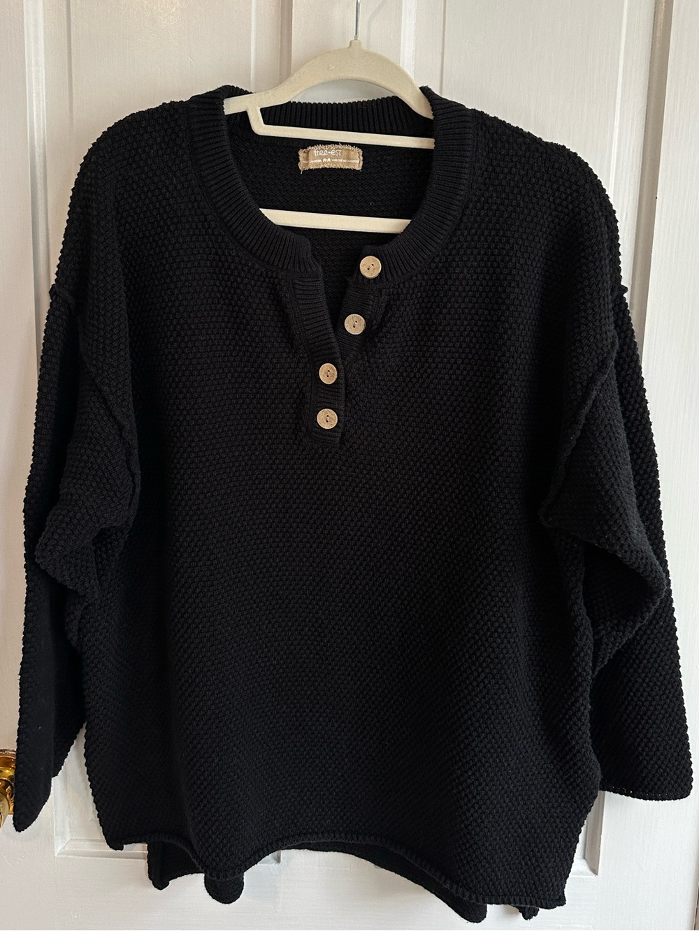 Free People - free-est Oversized Black Hailee Knit Henley Button Sweater